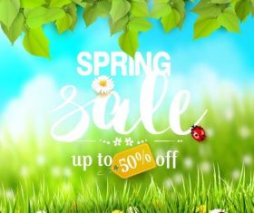 Spring sale background with green leaves and grass vector