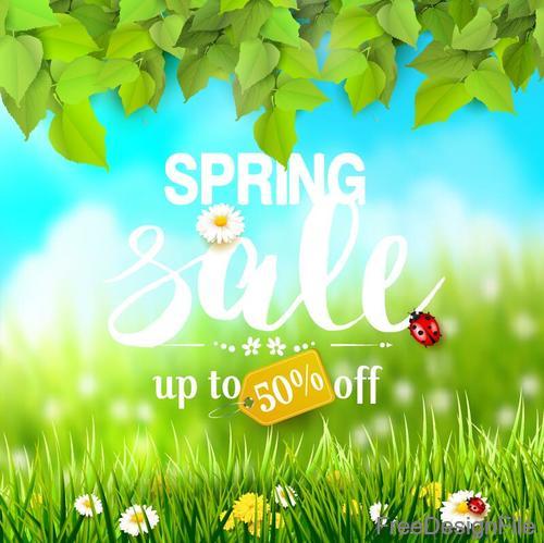 Spring sale background with green leaves and grass vector