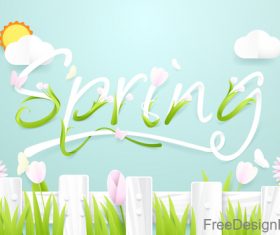 Spring season background with wooden fence with flowers vector