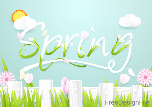Spring season background with wooden fence with flowers vector