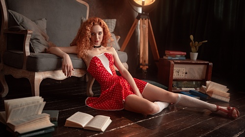 Stock Photo Redhead curly woman red dress room free download