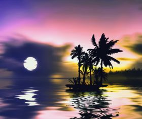 Sunset and reflection of coconut trees on the sea Stock Photo 01