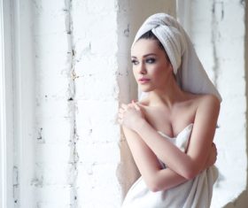 Woman wearing bath towel Stock Photo 01