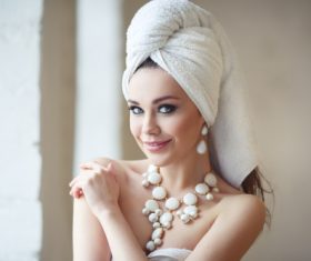 Woman wearing bath towel Stock Photo 03