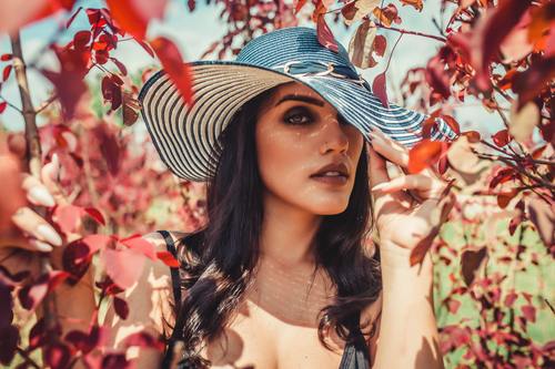 Woman wearing hat in maple woods Stock Photo