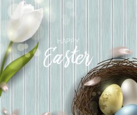 Wood wall background with easter egg and white flower vector