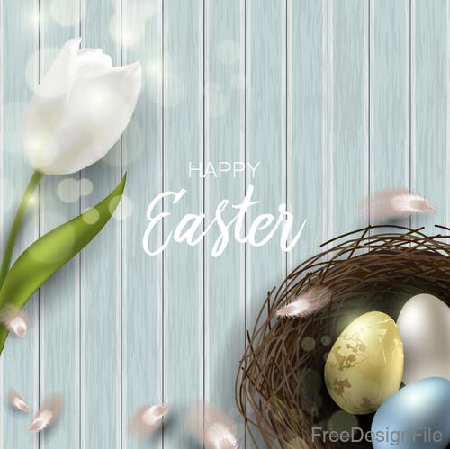 Wood wall background with easter egg and white flower vector