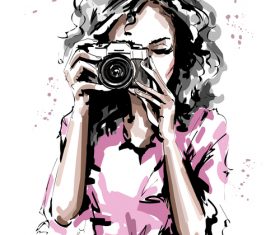 camera with fashion girl sketch vector