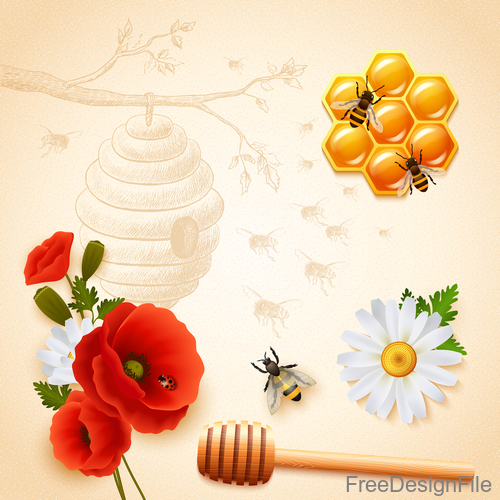 honey and flower with bee vector design