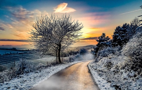 road winter snow landscape Stock Photo