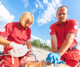 Ambulance staff give heart resuscitation to patients Stock Photo 01