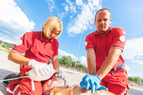 Ambulance staff give heart resuscitation to patients Stock Photo 01
