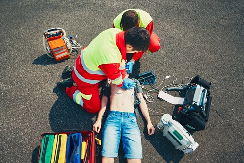 Ambulance staff give heart resuscitation to patients Stock Photo 03