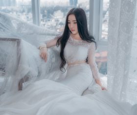 Asian woman indoor white wedding art photo Stock Photo