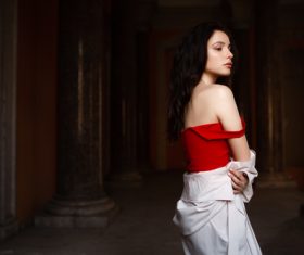Bare shoulders women indoors silhouette Stock Photo