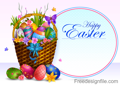 Basket with easter egg and easter card vector