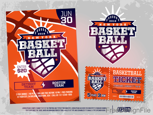 Basketball game ticket and flyer template vector 03