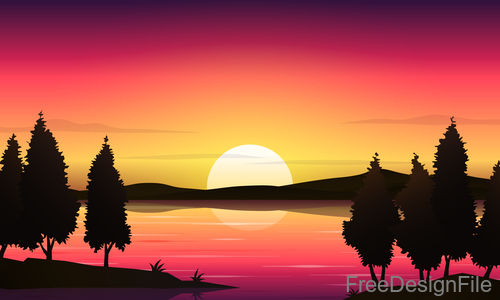 Beautyful Lake At Sunset Lanscape vector