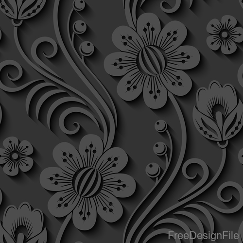 Black floral 3d seamless pattern vectors 02