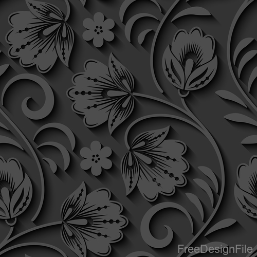 Black floral 3d seamless pattern vectors 07