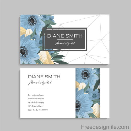 Business card template with blue flower vectors 02