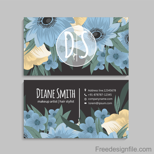 Business card template with blue flower vectors 05