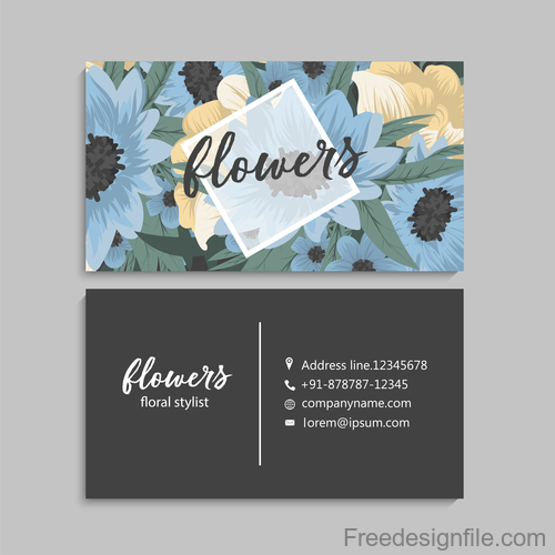 Business card template with blue flower vectors 06