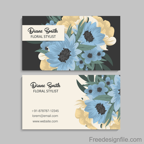 Business card template with blue flower vectors 07