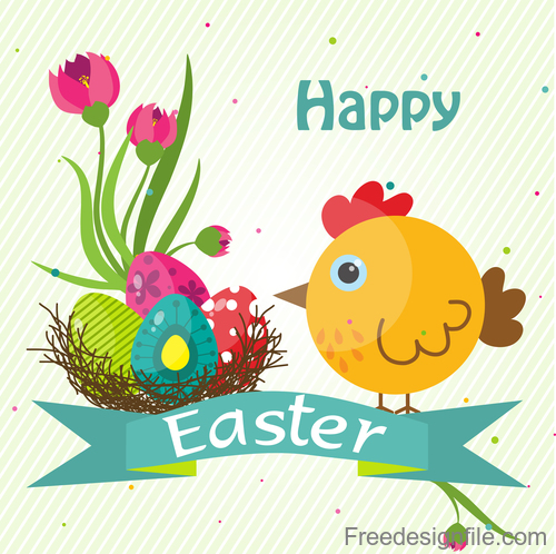 Cute chick with easter card design vector 02