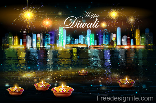 Diwali with firework background vector 01