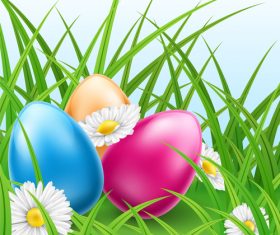 Easter Eggs In Grass With Daisies vector