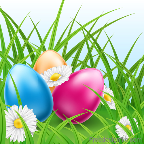 Easter Eggs In Grass With Daisies vector