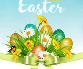 Easter background with colorful eggs and green ribbon vector