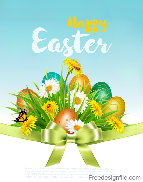 Easter background with colorful eggs and green ribbon vector
