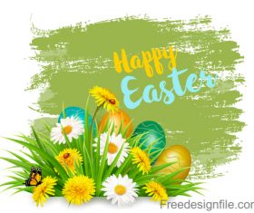 Easter background with colorful eggs and spring flowers vector