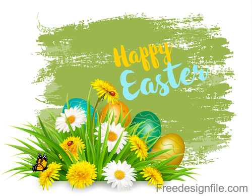 Easter background with colorful eggs and spring flowers vector
