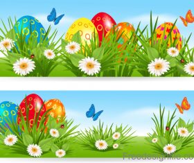 Easter banners with multicolored eggs in a grass vector