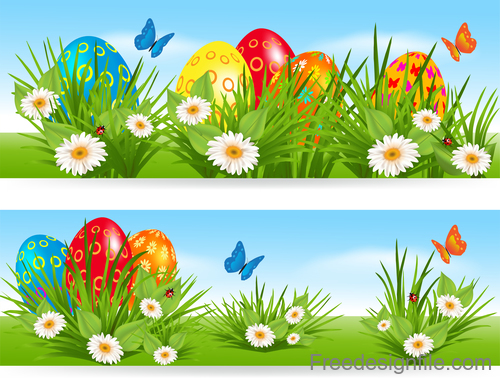 Easter banners with multicolored eggs in a grass vector