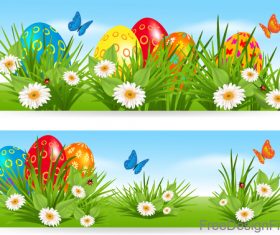 Easter banners with multicolored eggs in a grass vector