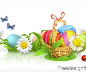 Easter basket and eggs Spring flowers 3d vector banner