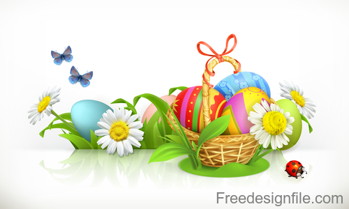 Easter basket and eggs Spring flowers 3d vector banner