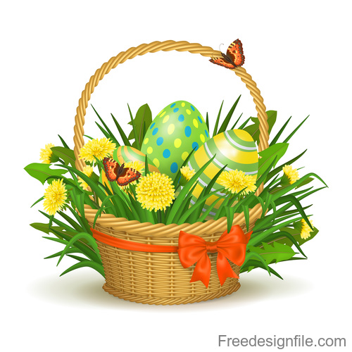 Easter basket with colored eggs vector