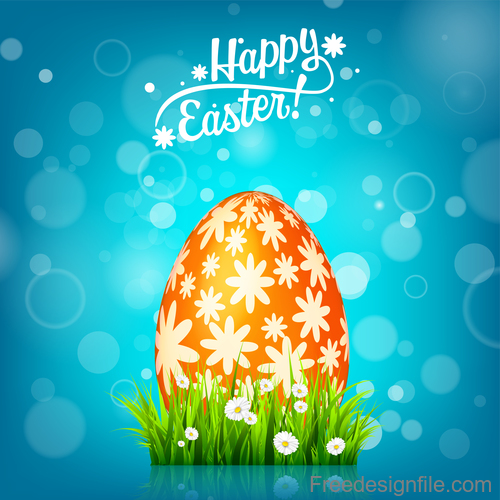 Easter blue background with egg and spring flower vector