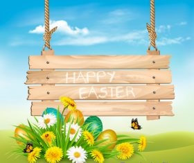 Easter colorful eggs and spring flowers and wooden sign vector