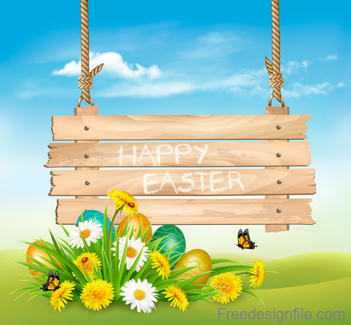 Easter colorful eggs and spring flowers and wooden sign vector