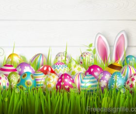 Easter egg and green grass with wooden wall vector