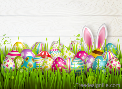 Easter egg and green grass with wooden wall vector