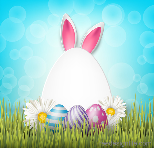 Easter egg and white flower on grass vector 03
