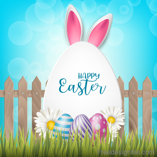 Easter egg and white flower on grass vector 04