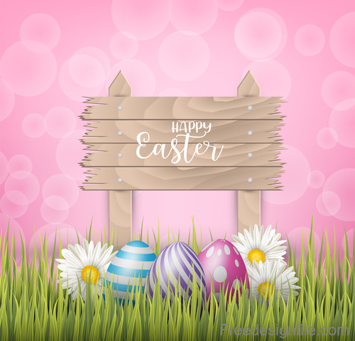 Easter egg and wood board sign vector design 02